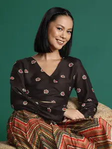 Sangria Printed Crop Top With Pleated Skirt Co-Ords