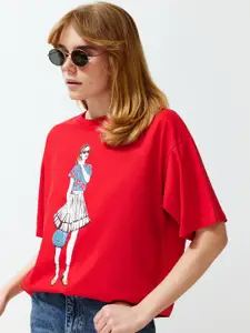 Trendyol Graphic Printed Round Neck Drop-Shoulder Sleeves Cotton Regular T-shirt
