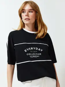 Trendyol Round Neck Drop Shoulder Typography Printed Regular Fit Cotton T-shirt