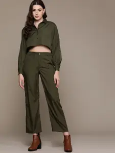 Roadster Women Solid Pure Cotton Crop Top with Trousers