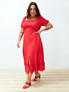 Trendyol Square Neck Puff Sleeves Smocked A Line Midi Dress