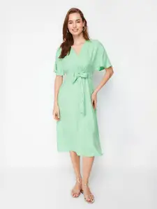 Trendyol V-Neck Extended Sleeves Tie-Ups Detail Fit & Flare Midi Dress