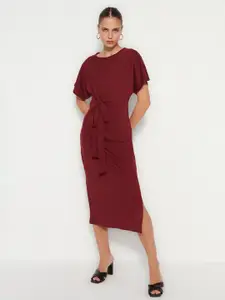 Trendyol Extended Sleeves Tie-Ups Detail Cotton Sheath Midi Dress
