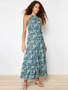 Trendyol Floral Printed Halter Neck Belted Midi A-Line Dress