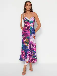 Trendyol Floral Printed Shoulder Straps Midi A-Line Dress