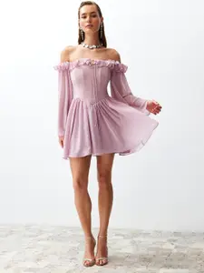 Trendyol Off-Shoulder Puff Sleeve Fit & Flare Mini Dress