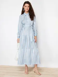 Trendyol Striped Shirt Collar Tiered & Tie-Ups Detail Shirt Midi Dress