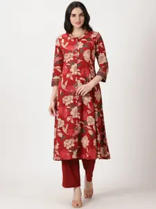 Saffron Threads Floral Print Band Collar Kurta