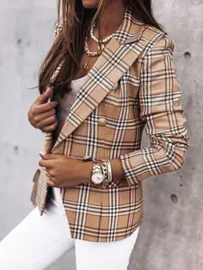StyleCast Brown Checked Notched Lapel Collar Double-Breasted Blazers
