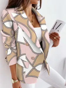 StyleCast Beige Printed Notched Lapel Collar Double-Breasted Blazers