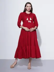 Aanyor Tie-Up Neck Gathered Tiered Maternity Fit & Flare Midi Dress
