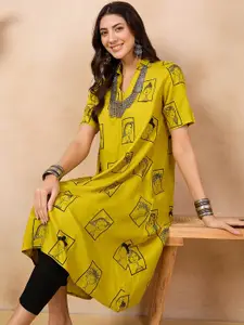 Anouk Mustard Yellow Ethnic Motifs Printed Shirt Collar A-Line Kurta