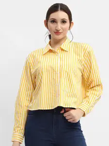 Madame Vertical Striped Pure Cotton Crop Casual Shirt