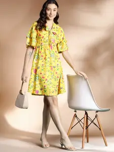 DressBerry Printed Tie-Up Neck Flared Sleeve Mini Dress