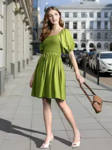 DressBerry Puff Sleeve A-Line Mini Dress with Belt