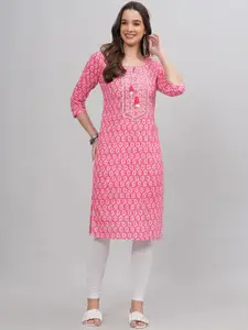 HIGHLIGHT FASHION EXPORT Ethnic Motifs Round Neck Three-Quarter Sleeves Cotton Kurta