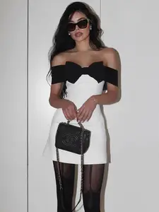 StyleCast White & Black Colourblocked Off-Shoulder Sheath Dress
