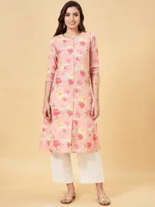 RANGMANCH BY PANTALOONS Floral Printed Mandarin Collar Thread Work Kurta