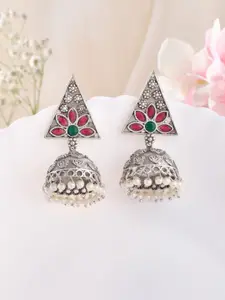 DASTOOR Silver-Plated Stone-Studded & Beaded Dome Shaped Jhumkas