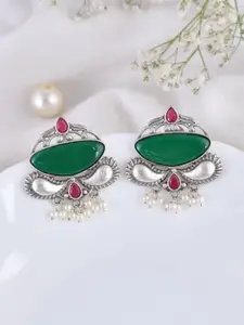 DASTOOR Silver-Plated Beaded & Stone Studded Oxidised Classic Drop Earrings