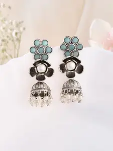 DASTOOR Silver-Plated Beaded & Stone Studded Floral Jhumkas