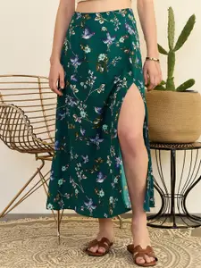 Berrylush Green Floral Printed High Rise A-Line Midi Skirt