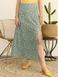 Berrylush Green Floral Printed High Rise A-Line Maxi Skirt