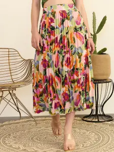 Berrylush Floral Printed Pleated Maxi Skirts
