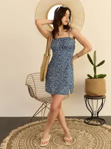 Berrylush Floral Printed Gathered or Pleated Shoulder Straps  A-Line Mini Dress