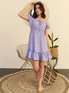 Berrylush Purple Floral Print Off-Shoulder Smocked Fit & Flare Dress