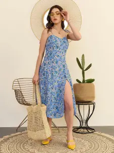 Berrylush Floral Printed Shoulder Straps A-Line Midi Dress