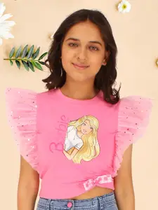 CUTECUMBER Girls Graphic Printed Flutter Sleeve Embellished Causal Crop Top