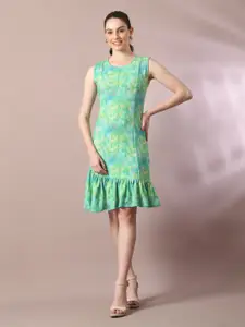 DressBerry Green Floral Printed Flared Above Knee Fit and Flare Dress
