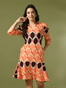 DressBerry Orange Geometric Printed Shirt Collar Flared Fit & Flare Dress