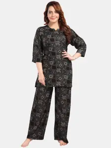 Fabme Geometric Printed Notched Neck Kurti With Trouser