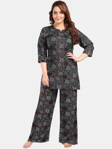 Fabme Geometric Printed Notched Neck Kurti With Trouser