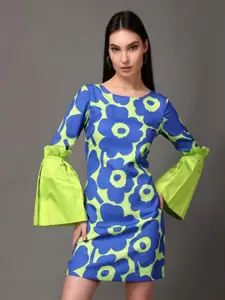 MEEAMI FASHION Floral Print Bell Sleeve Georgette A-Line Dress