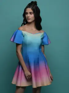 MEEAMI FASHION Tie And Dye Holi Printed Off-Shoulder Flared Sleeve A-Line Dress