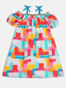 MINI KLUB Geometric Printed Shoulder Straps Cold-Shoulder Cotton A-Line Dress