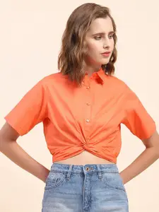 CAMLA Shirt Collar Short Sleeves Style Cotton Twisted Crop Top