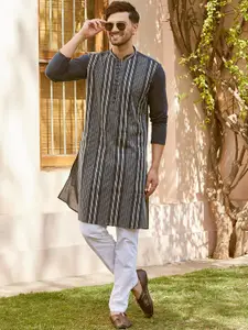 See Designs Striped Embroidered Sequined Cotton Straight Kurta