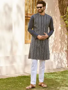 See Designs Striped Embroidered Thread Work Cotton Straight Kurta
