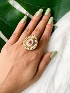 I Jewels Gold-Plated Kundan Stone Studded & Pearls Beaded Adjustable Ring