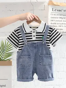INCLUD Boys Striped T-shirt with Denim Dungaree Set