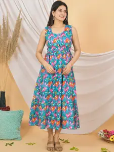 JAHIDA COMFORT WITH STYLE Floral Printed Tie-Up Neck Pure Cotton Fit and Flare Midi Dress