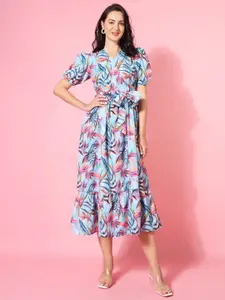 The Dry State Floral Print V-Neck Puff Sleeve Fit & Flare Midi Dress