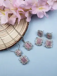 StileAdda Rhodium Plated CZ Studded Square Pendant Set