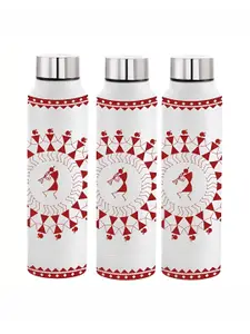 NIRLON White 3 Pieces Printed Stainless Steel Single Wall Vacuum Water Bottles 1 L Each
