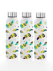 NIRLON White 3 Pieces Printed Stainless Steel Single Wall Vacuum Water Bottles 1 L Each