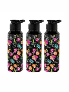 NIRLON Black 3 Pieces Printed Stainless Steel Single Wall Vacuum Water Bottles 750 ml Each